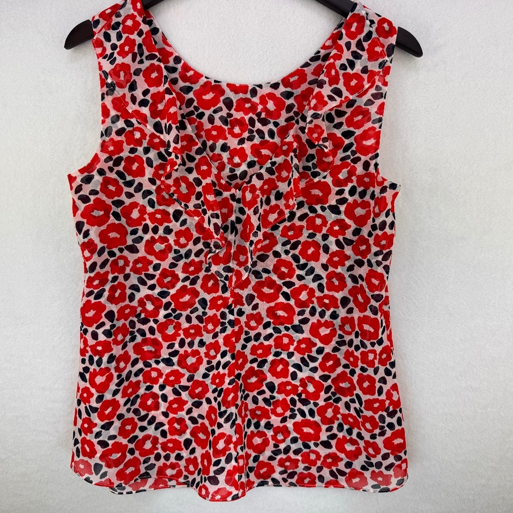 Cabi Ladies Tank Top Sz S Flipside Red Front Floral Ruffle V-Neck
